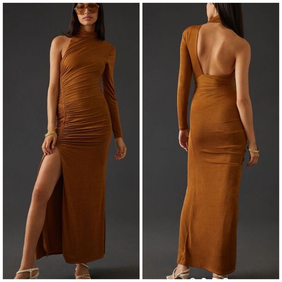 NWT MISHA x Anthropologie Pauline Bronze Asymmetric Jersey Maxi Dress $378 Sz 10 - Picture 1 of 12